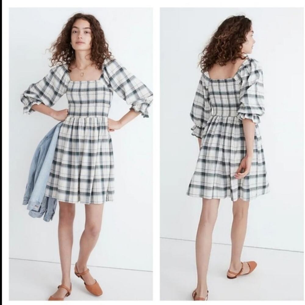 Madewell Checkered Long Sleeve Dress in Black and White